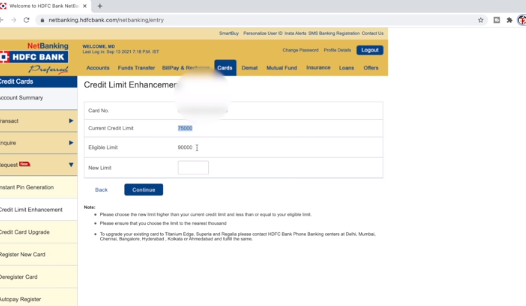 HDFC credit card limit increase