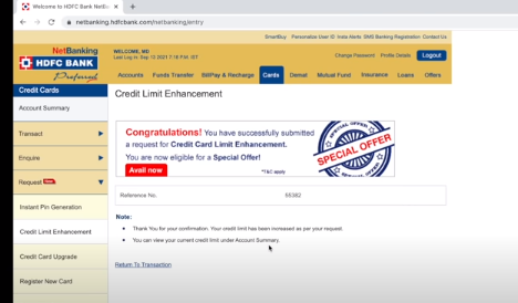 HDFC credit card limit increase